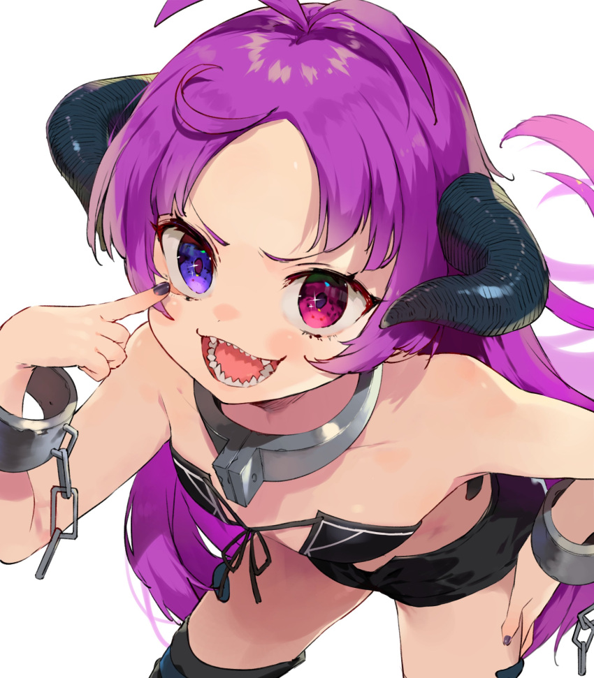 absurdres black_nails black_shorts black_tube_top breasts commentary_request cowboy_shot demon_girl demon_horns female fingernails heterochromia highres horns kishirika_kishirisu leaning_forward looking_at_viewer mokkori mushoku_tensei open_mouth purple_eyes purple_hair sharp_teeth short_shorts shorts simple_background small_breasts solo strapless teeth tube_top white_background