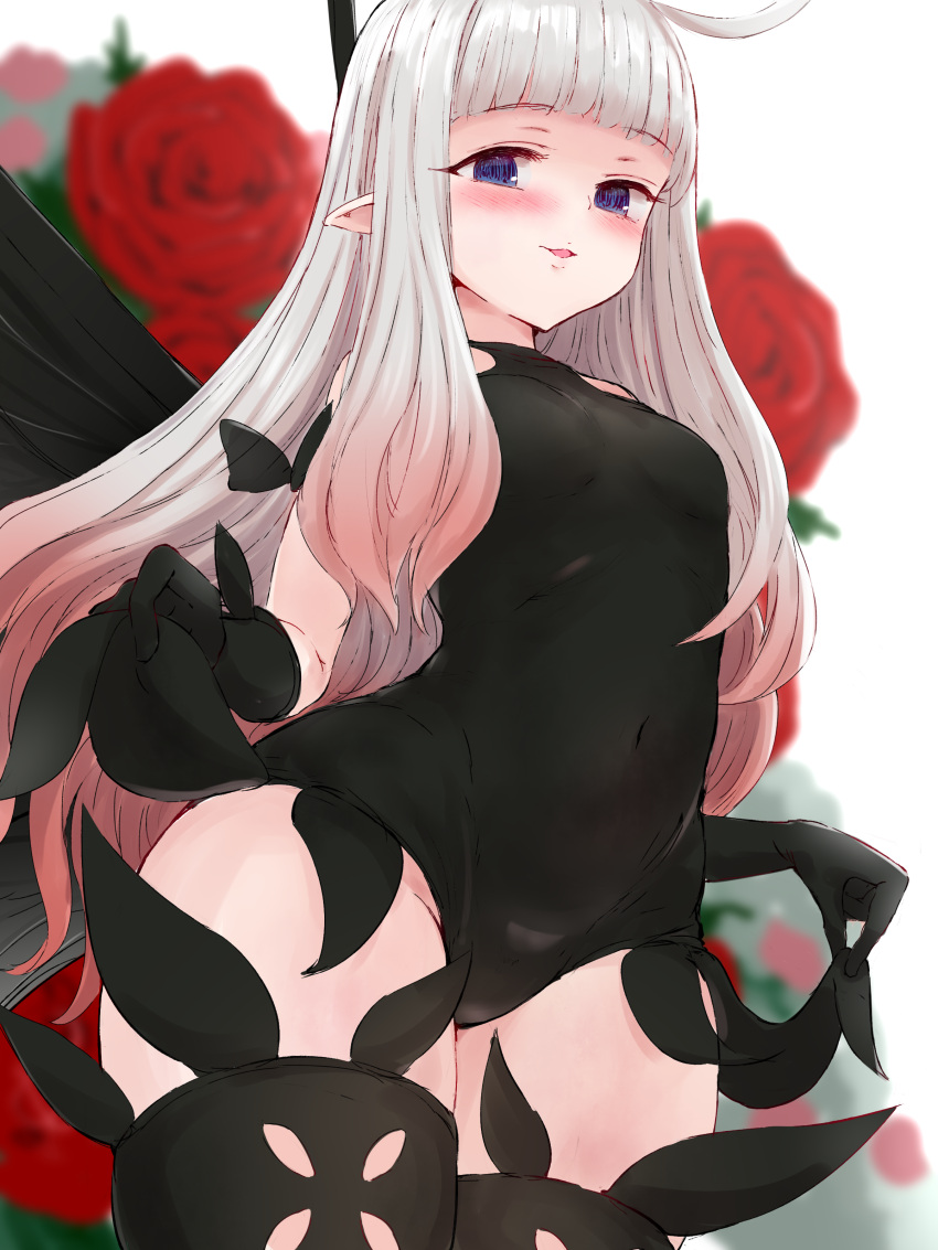 absurdres anne_(bravely_second) antenna_hair black_gloves black_leotard black_thighhighs blue_eyes blush bravely_default_(series) bravely_second:_end_layer breasts butterfly_wings commission commissioner_upload covered_navel fairy fairy_wings female flower gloves groin gulp5959 highres insect_wings leotard long_hair looking_at_viewer pointy_ears rose skeb_commission small_breasts smile solo thighhighs thighs white_hair wings