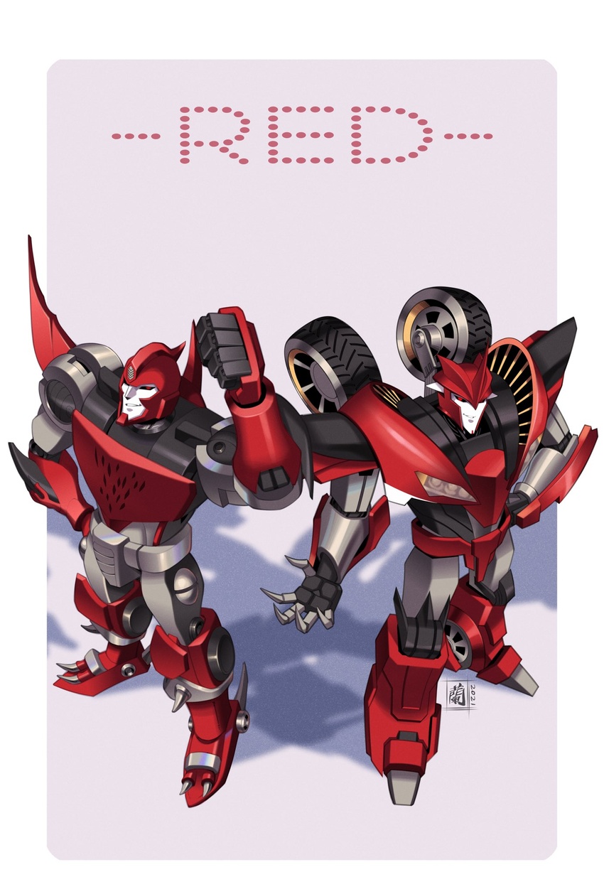 2boys beast_wars beast_wars:_transformers black_sclera clenched_hand color_connection colored_sclera decepticon highres knockout_(transformers) lantana0_0 looking_up mecha multiple_boys no_humans open_hand predacon red_eyes red_theme robot science_fiction shadow smirk terrorsaur transformers transformers_prime