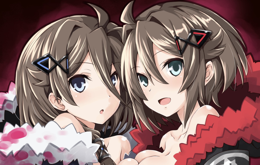 2girls ahoge akazukin_(mary_skelter) bad_id bad_twitter_id black_hair blue_eyes blush breasts brown_hair cleavage commission green_eyes hair_between_eyes hair_ornament highres iwashi_dorobou_-r- long_sleeves looking_at_viewer mary_skelter multiple_girls open_mouth short_hair sidelocks skirt smile v-shaped_eyebrows