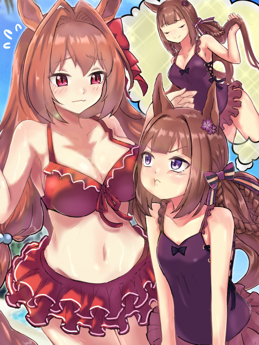 2girls alternate_breast_size animal_ears bikini breast_envy breasts brown_hair casual_one-piece_swimsuit cleavage closed_eyes collarbone commentary_request daiwa_scarlet_(trifle_vacation)_(umamusume) daiwa_scarlet_(umamusume) hair_ornament highres horse_ears horse_girl large_breasts long_hair multiple_girls navel official_alternate_costume one-piece_swimsuit pout purple_eyes red_eyes ryuhirohumi sweep_tosho_(monopolizing_the_chill?)_(umamusume) sweep_tosho_(umamusume) swimsuit umamusume