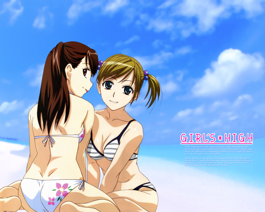 2girls :p aqua_eyes ass back barefoot beach bikini breasts brown_eyes brown_hair cleavage cloud day dimples_of_venus from_behind grin hair_bobbles hair_ornament joshi_kousei kishimoto_seiji long_hair medium_breasts multiple_girls ocean outdoors short_hair short_twintails sitting sky smile striped_bikini striped_clothes suzuki_yuma swimsuit takahashi_eriko tongue tongue_out twintails wariza