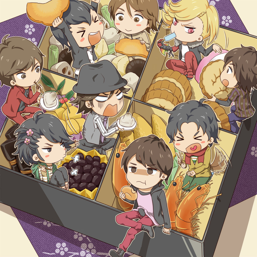 >_< 6+boys ankh_(ooo) arms_up asymmetrical_hair beans bento black_hair blonde_hair blush_stickers boots brown_eyes brown_hair chopsticks closed_eyes commentary_request cross-laced_footwear dog_tail doughnut food hair_ornament hairclip hat heart heart_in_mouth hidari_shoutarou hino_eiji hood hooded_vest hoodie jewelry kamen_rider kamen_rider_fourze_(series) kamen_rider_ooo_(series) kamen_rider_w kamen_rider_wizard_(series) kemonomimi_mode kisaragi_gentarou male_focus mochi multiple_boys nara_shunpei natsucos necklace open_mouth philip_(kamen_rider) popsicle red_eyes sakuta_ryuusei scarf school_uniform smile souma_haruto tail tail_wagging terui_ryuu vegetable vest wagashi