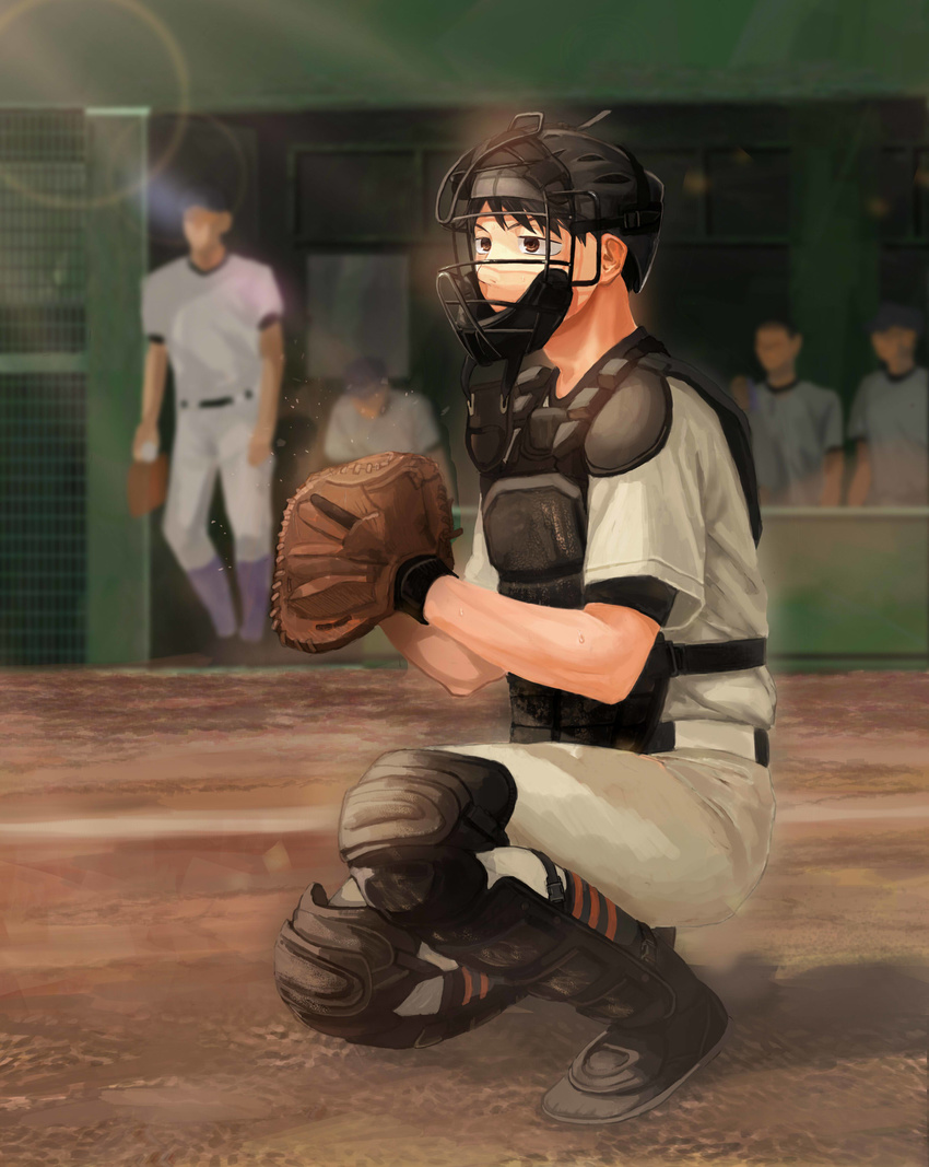 5boys abe_takaya absurdres arms_at_sides bad_id bad_pixiv_id baseball baseball_cap baseball_mitt baseball_uniform black_hair brown_eyes catcher's_mask catcher_(baseball) dugout faceless faceless_male hand_up hat highres knee_pads lens_flare looking_to_the_side male_focus multiple_boys noasa ookiku_furikabutte sitting socks solo_focus sportswear standing striped_clothes striped_socks sweat