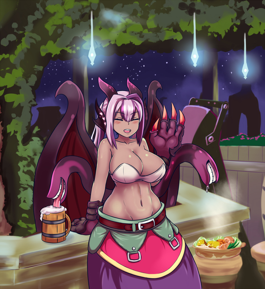 ballista_(sekaiju) beer beer_mug belt breasts cleavage closed_eyes collarbone cosplay dark_skin dragon_girl dragon_wings extra_mouth female hair_between_eyes highres jabberwock_(monster_girl_encyclopedia) large_breasts midriff monster_girl monster_girl_encyclopedia multicolored_hair nav navel purple_hair sekaiju_no_meikyuu sekaiju_no_meikyuu_3 solo teeth tentacle tongue wings