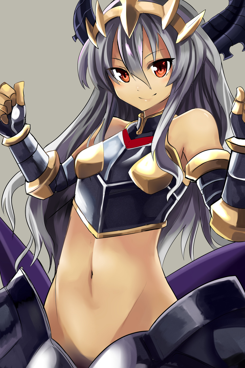 absurdres armor bare_shoulders commentary_request crown detached_sleeves female grey_background groin highres horns long_hair midriff monster_girl navel red_eyes shinrabanshou simple_background smile solo tiamatt very_long_hair yoshizawa_tsubaki