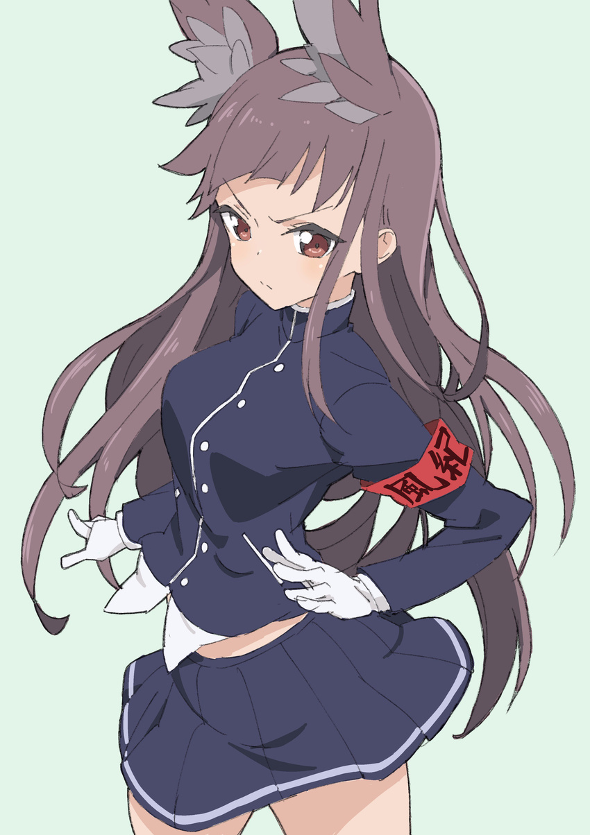 absurdres animal_ears armband azur_lane bad_id bad_twitter_id blue_background blue_jacket blue_skirt brown_eyes brown_hair closed_mouth cowboy_shot donguri_suzume female frown gloves highres jacket long_hair long_sleeves looking_at_viewer myoukou_(azur_lane) pleated_skirt school_uniform simple_background skirt solo standing v-shaped_eyebrows white_gloves