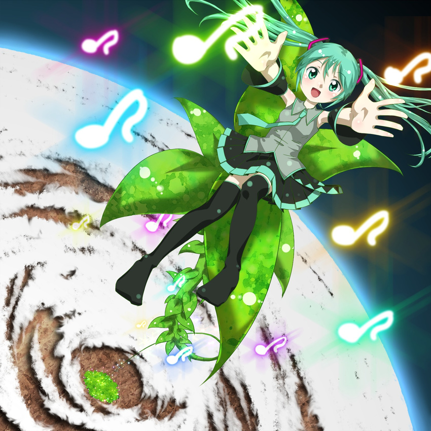 aomi_mayoru aqua_eyes aqua_hair bad_id bad_pixiv_id commentary_request detached_sleeves earth_(planet) female hatsune_miku hello_planet_(vocaloid) highres long_hair musical_note necktie open_mouth outstretched_arms planet plant reaching sitting solo thighhighs twintails very_long_hair vocaloid zettai_ryouiki