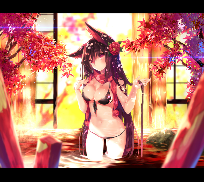 absurdres amakawa_sakko animal_ears asaki_yukiko autumn_leaves bare_arms bare_shoulders bikini black_bikini blurry breasts brown_hair cleavage depth_of_field female flower fox_ears front-tie_bikini_top front-tie_top hair_between_eyes hair_flower hair_ornament highres leaf letterboxed long_hair looking_at_viewer maple_leaf maple_tree medium_breasts navel original red_scarf scarf solo standing stomach string_bikini swimsuit thighs tree very_long_hair wading water waterfall