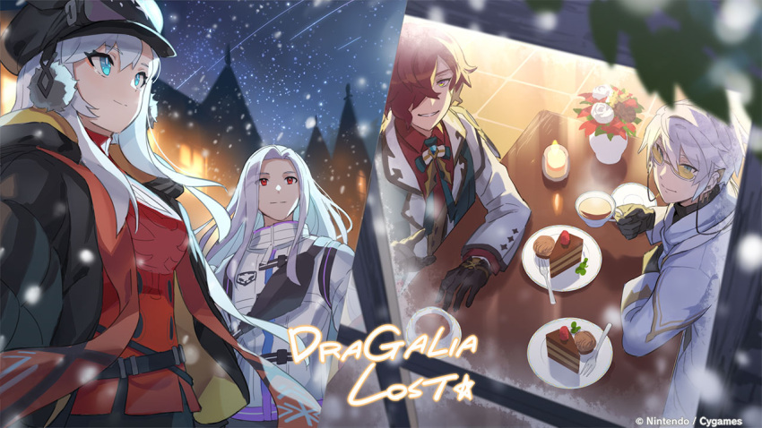 3boys black_headwear blue_eyes bright_pupils cake cake_slice chocolate_cake cleavage_cutout clothing_cutout cup dragalia_lost earmuffs female food fruit goggles goggles_on_headwear hair_over_one_eye holding holding_cup ilia_(dragalia_lost) long_hair looking_at_another looking_to_the_side mordecai_(dragalia_lost) multiple_boys nevin_(dragalia_lost) official_art ramiel_(dragalia_lost) red_eyes red_hair red_scarf scarf strawberry sweater tea turtleneck turtleneck_sweater wavy_hair white_hair white_pupils yellow_eyes