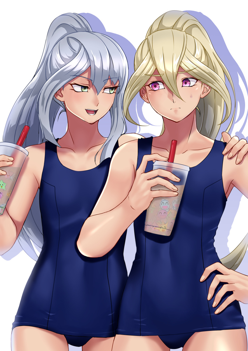 2girls absurdres blonde_hair breasts cup drink drinking_straw gloria_tyler grace_tyler green_eyes grey_hair hair_between_eyes hand_on_another's_shoulder hand_on_own_hip highres holding holding_drink long_hair multiple_girls muto_dt one-piece_swimsuit purple_eyes school_swimsuit shadow siblings simple_background sisters small_breasts swimsuit twins white_background yu-gi-oh! yu-gi-oh!_arc-v