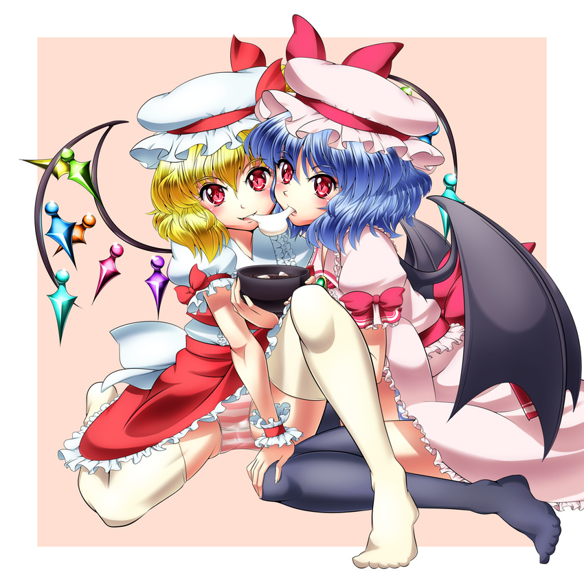 2girls absurdres bat_wings black_thighhighs blonde_hair blue_hair blue_panties bow bowl brooch cheek-to-cheek commentary_request flandre_scarlet food hand_on_own_knee hat hat_ribbon heads_together highres jewelry md5_mismatch mochi multiple_girls panties pantyshot pink_panties puffy_sleeves raionsan red_eyes remilia_scarlet ribbon shared_food shirt short_sleeves siblings sisters sitting skirt skirt_set striped_clothes striped_panties thighhighs touhou underwear wagashi white_legwear wings wrist_cuffs