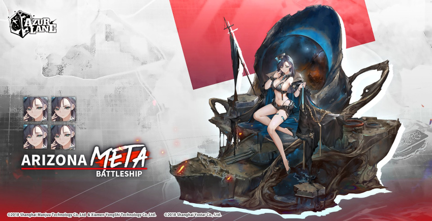 arizona_(azur_lane) arizona_(meta)_(azur_lane) artillery azur_lane bikini black_bikini black_coat black_footwear black_headwear black_shorts breasts chains coat expressions female full_body high_heels highres large_breasts long_hair mkiiiiii official_art open_clothes open_coat promotional_art purple_hair second-party_source shoes short_shorts shorts sitting solo swimsuit turret