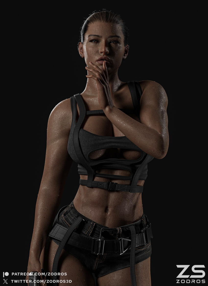 1female 1girls 3d 3d_(artwork) 3d_artwork 3d_model 3d_render 3dcg belt big_breasts big_lips blender_(software) blender_cycles brown_eyes brown_hair brunette_hair earrings female lara_croft looking_at_viewer ponytail shorts solo solo_female solo_focus sweat sweatdrop sweating sweaty sweaty_body sweaty_butt tactical_gear tactical_vest tank_top tomb_raider zodros