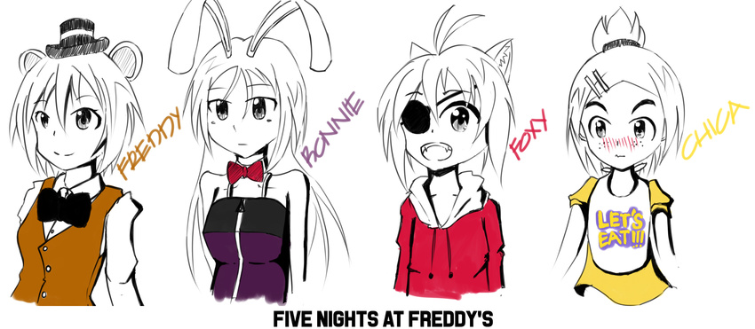 4girls animal_ears antenna_hair bear_ears blush bonnie_(fnaf) bow bowtie character_name chica clothes_writing collarbone commentary copyright_name detached_collar english_commentary english_text expressionless eyepatch fangs five_nights_at_freddy's five_nights_at_freddy's_1 fox_ears foxy_(fnaf) freckles freddy_fazbear genderswap_(mtf) hair_between_eyes hair_ornament hairclip half_updo hat high_ponytail highres keramatzmode long_hair long_sleeves multiple_girls open_mouth parted_bangs partially_colored personification puffy_short_sleeves puffy_sleeves rabbit_ears rule_63 short_hair short_ponytail short_sleeves simple_background sleeveless smile tareme upper_body vest white_background