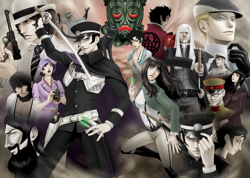 5girls 6+boys asakura_tae black_hair camera cape commentary_request daidoji_kaya devil_summoner_(series) feline formal gouto gun handgun hat highres holding holding_sword holding_weapon kazuma_kaneko_(style) koyomi_(kagreki) kuzunoha_geirin kuzunoha_raido kuzunoha_raidou louis_cypher multiple_boys multiple_girls nagi_(devil_summoner) narumi_shouhei necktie parody rasputin_(devil_summoner) revolver school_uniform shako_cap shin_megami_tensei short_hair style_parody sword tsukigata_dahn victor_frankenstein_(devil_summoner) weapon