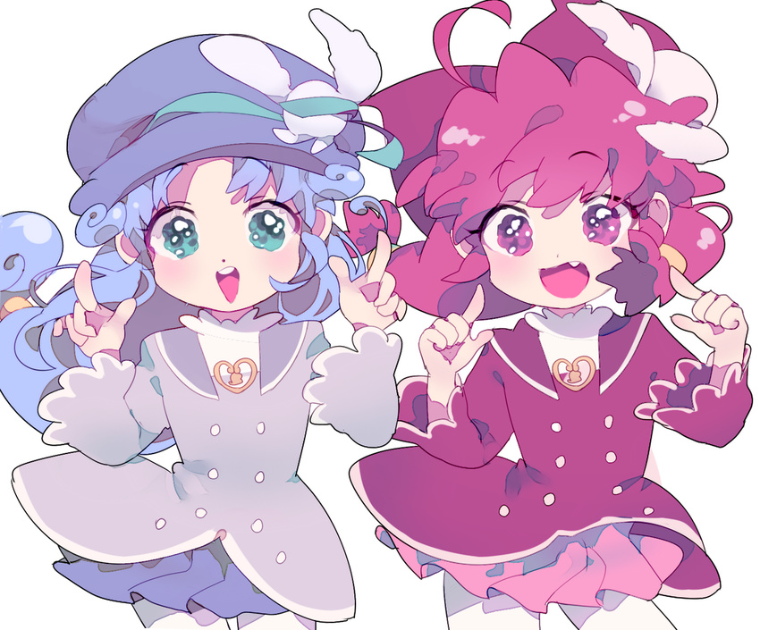 2girls bad_id bad_pixiv_id blue_hair coat dress fine_(futagohime) fushigiboshi_no_futago_hime fushigiboshi_no_futago_hime_gyu green_eyes hat index_finger_raised lolicon long_hair low_ponytail low_twintails multiple_girls oerba_yun_fang open_mouth pantyhose pink_hair pleated_skirt pointing ponytail red_eyes red_hair rein_(futagohime) sharp_teeth skirt smile teeth twintails vivinos white_legwear