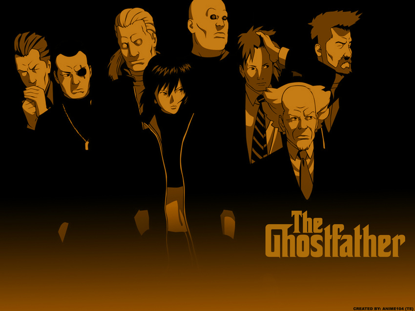 6+boys aramaki_daisuke batou boma_(ghost_in_the_shell) female ghost_in_the_shell ishikawa kusanagi_motoko mafia monochrome multiple_boys necktie paz saito the_godfather togusa