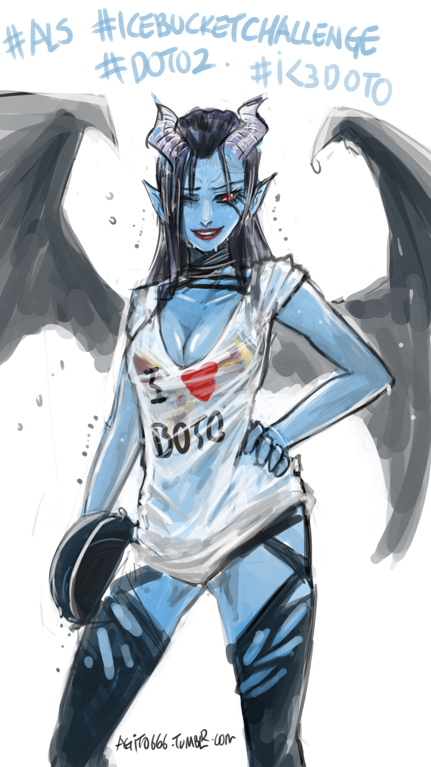 agito666 als_ice_bucket_challenge black_hair black_thighhighs blue_skin breasts bucket cleavage clothes_writing colored_skin commentary_request contrapposto demon_girl demon_horns demon_wings dota_(series) dota_2 english_text female grin hand_on_own_hip heart highres horns i_heart... lips lipstick long_hair looking_at_viewer makeup medium_breasts one_eye_closed pointy_ears print_shirt queen_of_pain_(dota) red_eyes red_lips shirt short_sleeves smile solo spread_wings standing thighhighs watermark web_address wet wet_clothes wet_shirt white_background white_shirt wings