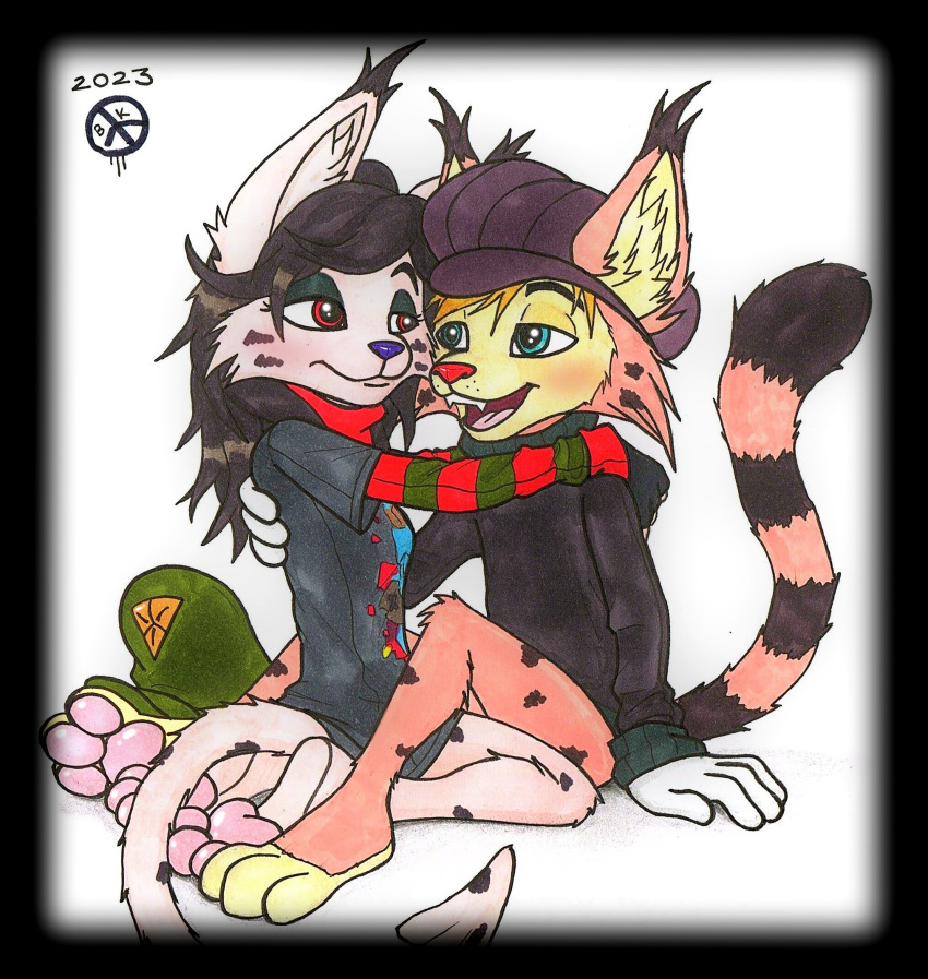 anthro bobcat bonkers_d._bobcat bradley_khonest duo felid feline female gender_transformation hi_res hug imp lynx makrosh_lynx male male/female mammal marker_(artwork) rule_63 traditional_media_(artwork) transformation young