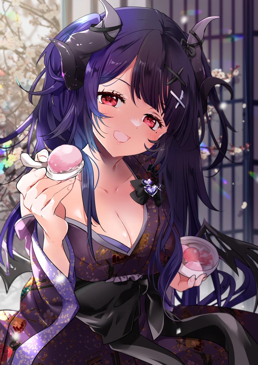 absurdres auroralive black_bow bow bowl breasts cherry_blossoms collarbone commentary_request commission demon_girl demon_horns eyelashes feeding female fingernails hair_ornament heart highres himeyamayuri holding holding_bowl holding_spoon horns japanese_clothes kimono large_breasts long_hair mole mole_under_eye off_shoulder open_mouth purple_hair red_eyes shouji skeb_commission sliding_doors solo spoon tangyuan virtual_youtuber x_hair_ornament yamine_neru