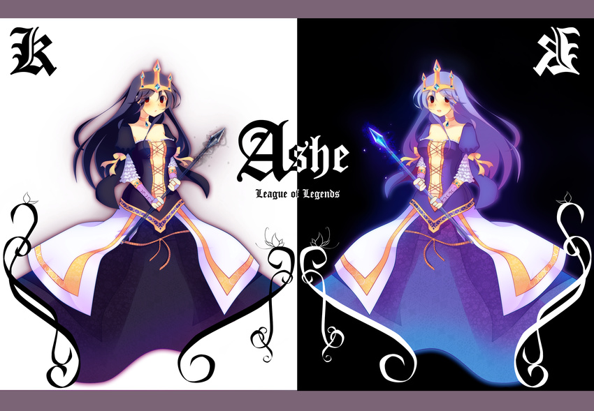 absurdres alternate_hair_color arrow_(projectile) ashe_(league_of_legends) blue_hair blush breasts choker cleavage commentary_request copyright_name dress dual_persona female frills highres kiddrrr league_of_legends long_hair medium_breasts open_mouth queen_ashe red_eyes ribbon tiara