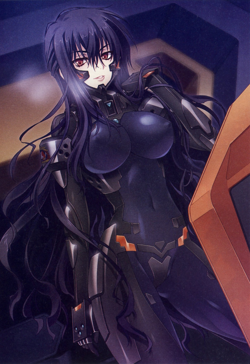 adjusting_hair armor ass_visible_through_thighs beatrix_bremer black_hair bodysuit breasts breath carnelian covered_navel covered_nipples cowboy_shot dutch_angle emblem female gloves grin hair_between_eyes half_updo highres impossible_bodysuit impossible_clothes indoors large_breasts legs_apart long_hair looking_at_viewer muv-luv muv-luv_alternative photoshop_(medium) pilot_suit red_eyes scan scan_artifacts schwarzesmarken sidelocks skin_tight smile solo very_long_hair wavy_hair