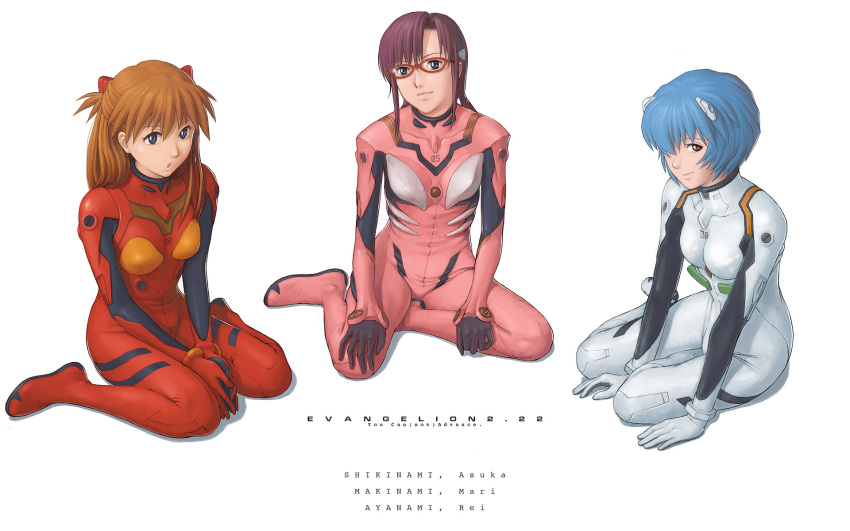 3girls ayanami_rei bad_id bad_pixiv_id blue_eyes blue_hair bodysuit breasts brown_hair evangelion:_2.0_you_can_(not)_advance glasses green_eyes highres interface_headset long_hair makinami_mari_illustrious medium_breasts multiple_girls neon_genesis_evangelion photoshop_(medium) pilot_suit pink_bodysuit plugsuit rebuild_of_evangelion red_bodysuit red_eyes short_hair sitting souryuu_asuka_langley wariza watanabe_yasuaki white_bodysuit yokozuwari