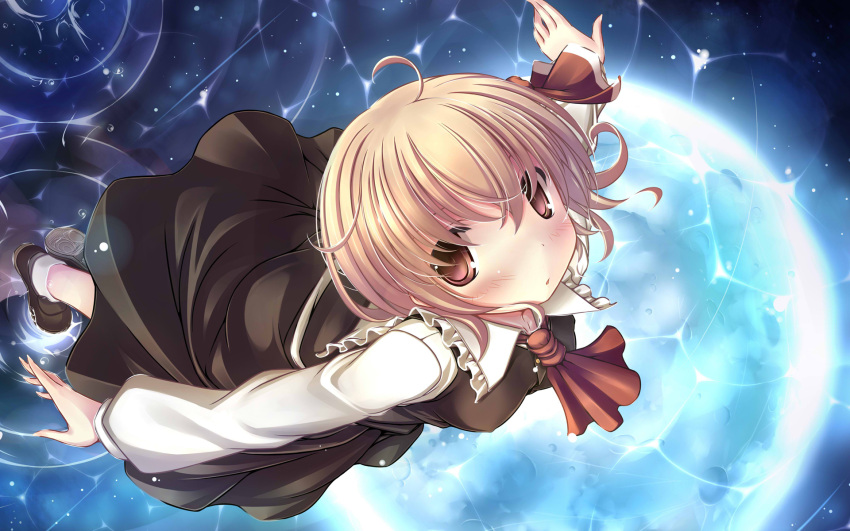 ahoge ascot blonde_hair blush commentary_request female full_moon highres kaisu moon outstretched_arms photoshop_(medium) red_eyes reflection ripples rumia solo spread_arms touhou water