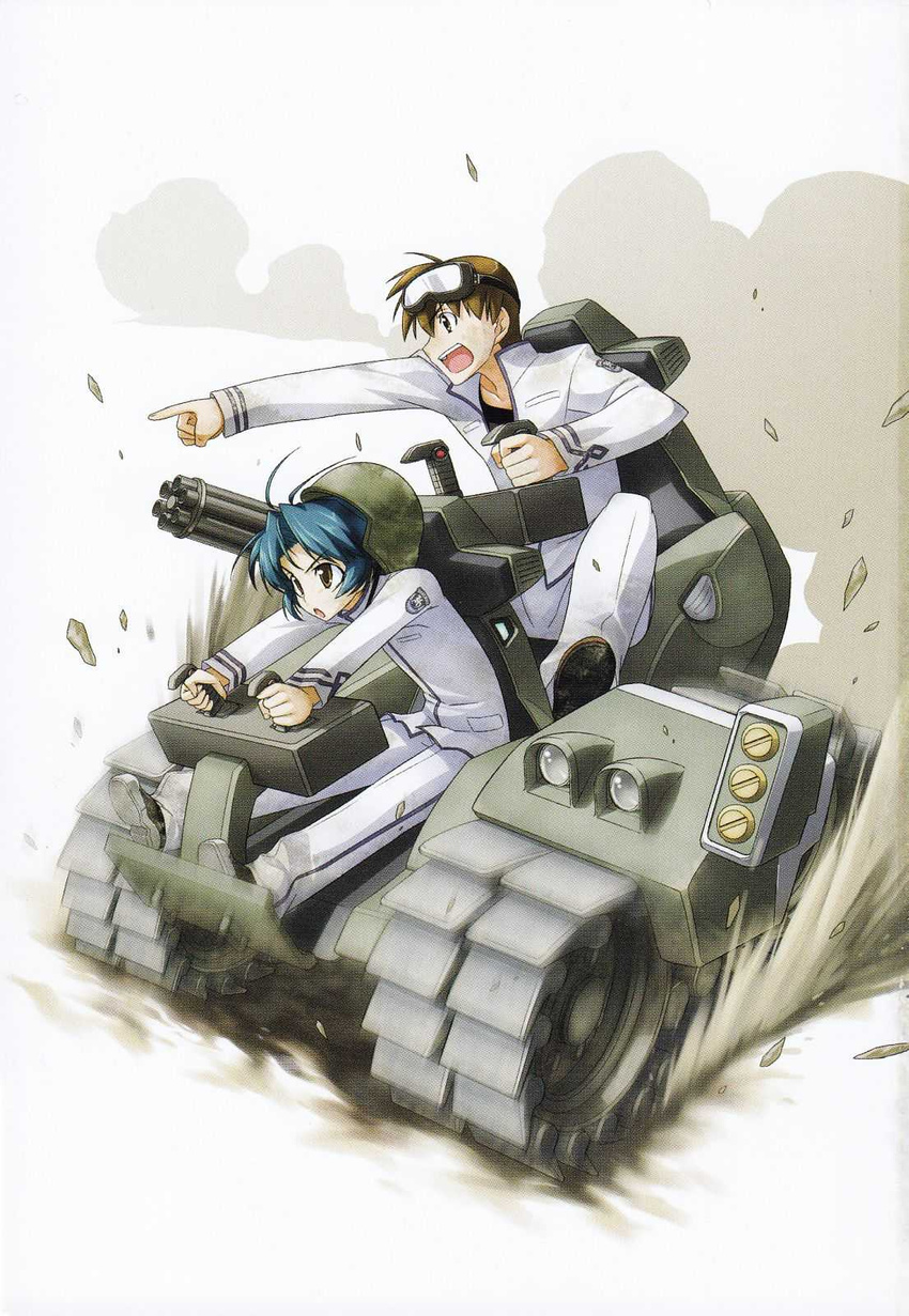 1boy artist_request blue_hair brown_hair caterpillar_tracks controller female gatling_gun goggles goggles_on_head gun helmet highres joystick military military_vehicle motion_blur motor_vehicle muv-luv open_mouth pointing scan scan_artifacts shirogane_takeru tank uniform weapon yoroi_mikoto