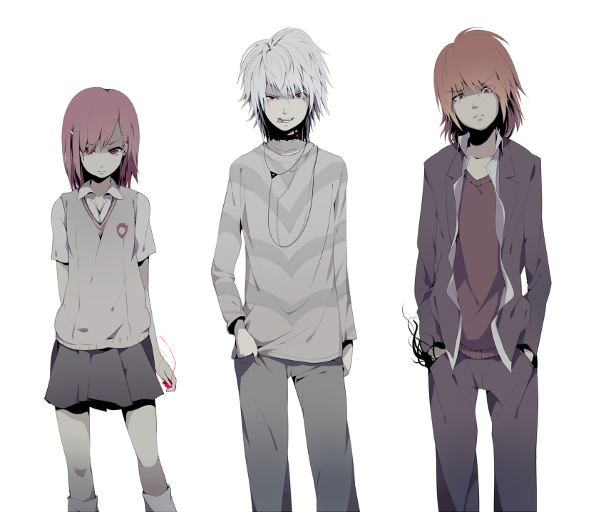 2boys accelerator_(toaru_majutsu_no_index) albino alternate_height bad_id bad_pixiv_id black_choker brown_hair brown_sweater_vest choker electrodes emblem female hair_ornament hairpin hands_in_pockets highres kakine_teitoku medium_hair misaka_mikoto multiple_boys ogipote red_eyes red_lightning school_emblem school_uniform shirt skirt striped_clothes striped_shirt summer_uniform sweater_vest toaru_majutsu_no_index tokiwadai_school_uniform uniform white_hair