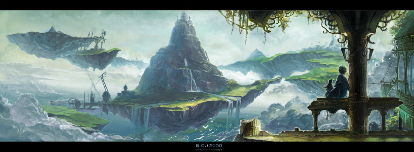 1boy alfador bird chrono_trigger cloud commentary_request feline floating_island highres janus_zeal kaiko_(gami770) letterboxed male_focus mountain outdoors photoshop_(medium) scenery sitting sky solo water waterfall