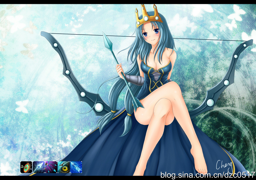 arrow_(projectile) ashe_(league_of_legends) bad_link barefoot blue_eyes blue_hair blush bow_(weapon) breasts cheng cleavage crossed_legs crown dress female highres league_of_legends letterboxed long_hair medium_breasts queen_ashe sitting smile solo very_long_hair weapon