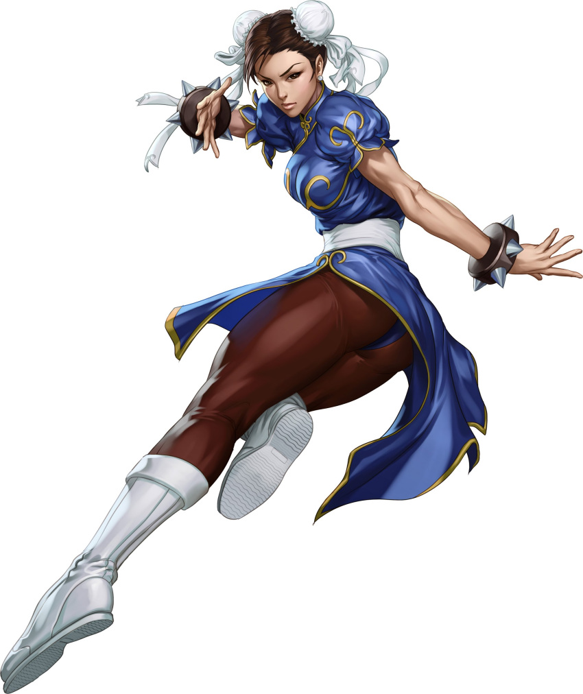 ass boots brown_hair capcom chun-li double_buns earrings pantyhose qipao spiked_bracelets stanley_lau street_fighter street_fighter_iii street_fighter_iii:_3rd_strike