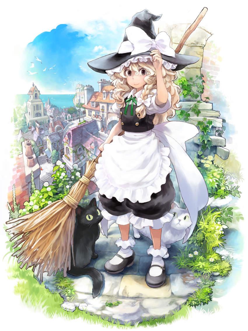 bird black_dress blonde_hair blue_sky boat bobby_socks braid broom commentary_request day dress feline female flower grass grey_eyes hair_ribbon hand_on_headwear hat highres kirisame_marisa mary_janes matsuda_(matsukichi) ocean outdoors photoshop_(medium) plant puffy_pants ribbon sailboat seagull shoes sky smile socks solo stairs standing touhou town vines watercraft witch witch_hat