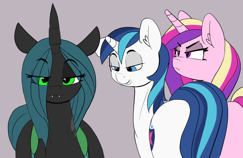 absurd_res angry arthropod blue_eyes blue_hair changeling cutie_mark distracted_boyfriend equid equine eyes_on_the_prize fangs female friendship_is_magic green_eyes green_hair group hair hasbro hi_res horn male mammal meme my_little_pony mythological_creature mythological_equine mythology pabbley princess_cadance_(mlp) queen_chrysalis_(mlp) shining_armor_(mlp) teeth trio unicorn