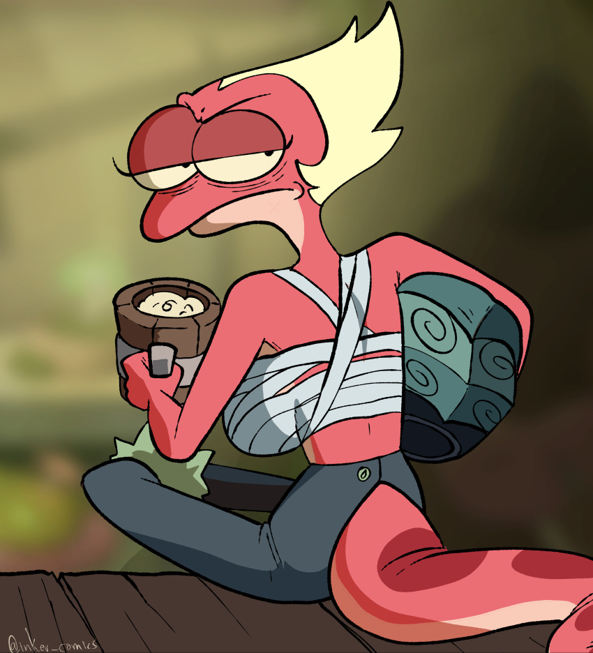 2022 absurd_res amphibia_(series) amphibian anthro beverage big_breasts blonde_hair blurred_background breasts chest_wraps disney female general_yunan hair hi_res inker_comics newt red_body red_skin salamander sitting solo wraps