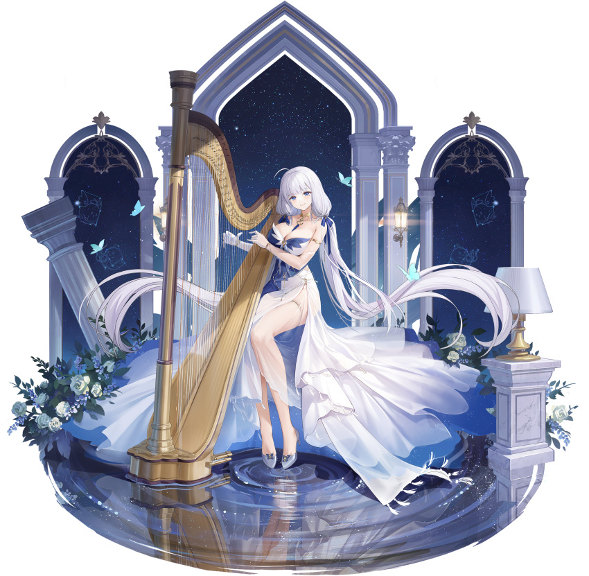 absurdres architecture artist_request azur_lane blue_eyes breasts bug butterfly cleavage column constellation dress female full_body greco-roman_architecture harp high_heels highres illustrious_(azur_lane) illustrious_(soft_light_and_a_melody)_(azur_lane) instrument long_hair looking_at_viewer music non-web_source official_alternate_costume official_art pillar playing_instrument reflection ripples side_slit single_bare_leg sky solo star_(sky) starry_sky suisai_(suisao) thighlet transparent_background two-tone_dress white_dress white_hair