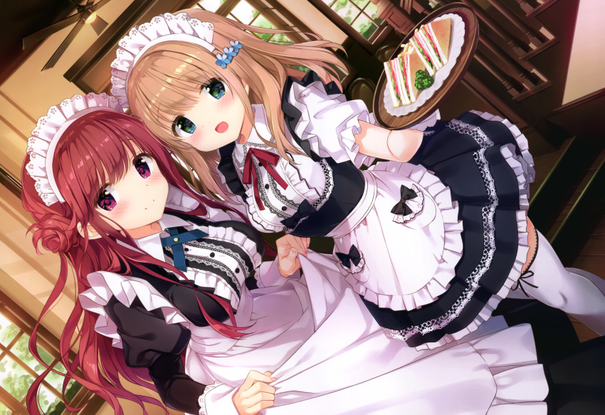 2girls :d absurdres apron blue_eyes blue_neckwear brown_hair commentary_request curtsey dress dutch_angle flower food hair_flower hair_ornament highres holding holding_tray indoors juliet_sleeves kimishima_ao long_dress long_hair long_sleeves looking_at_viewer maid maid_apron maid_headdress momoi_saki multiple_girls neck_ribbon open_mouth original parsley puffy_sleeves purple_eyes red_hair red_ribbon ribbon sandwich scan shirayuri_riko short_sleeves skirt_hold smile thighhighs tray white_legwear window