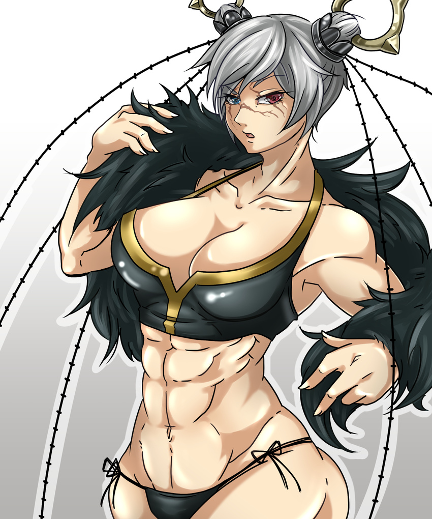 abs berserker_(lord_of_vermilion) biceps bikini bikini_bottom_only breasts commentary_request female grey_hair heterochromia highres kyuu_(ost) large_breasts lord_of_vermilion midriff muscular muscular_female scar scared short_hair solo swimsuit