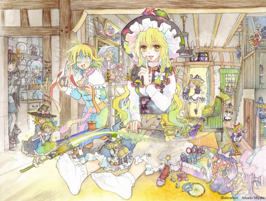 >_< 6+girls alice_margatroid alice_margatroid_(pc-98) amano_miyabi apron black_hair blonde_hair blue_eyes blue_hair blush_stickers bobby_socks book bookshelf bow bowtie braid broom broom_surfing camera candle carving character_doll checkerboard_cookie cirno closed_eyes commentary_request cookie crack crossed_arms cup curtains cutting doll door dress eating feet finger_to_mouth fingernails fireplace fish flandre_scarlet flying food food_in_mouth geta grey_hair hair_bobbles hair_ornament hair_ribbon hairband hairbow hakurei_reimu hakurei_reimu_(pc-98) hanged hat hat_bow headdress highres holding_hands hourai_doll index_finger_raised iosys_parody kazami_yuuka kirisame_marisa kirisame_marisa_(pc-98) loaded_interior long_hair marisa_stole_the_precious_thing mima_(touhou) mini_person minigirl multiple_girls multiple_persona multiple_wings mushroom nail needle no_shoes oerba_yun_fang okaasan_to_issho open_mouth outstretched_arms paparazzi patchouli_knowledge photo_(object) pillow pincushion plate purple_hair pyonta reading red_hair ribbon riding room running scissors sewing_kit sewing_pin shameimaru_aya shanghai_doll shelf shinki_(touhou) shoes short_hair side_braid side_ponytail signature single_braid single_shoe sitting skirt smile socks soles spoo stained_glass stairs star_(symbol) straw_doll string surprised teapot teardrop thread thread_snips time_paradox toes tokin_hat touhou touhou_(pc-98) traditional_media turn_pale v wand white_socks window wings witch_hat wooden_floor yellow_eyes yukkuri_shiteitte_ne