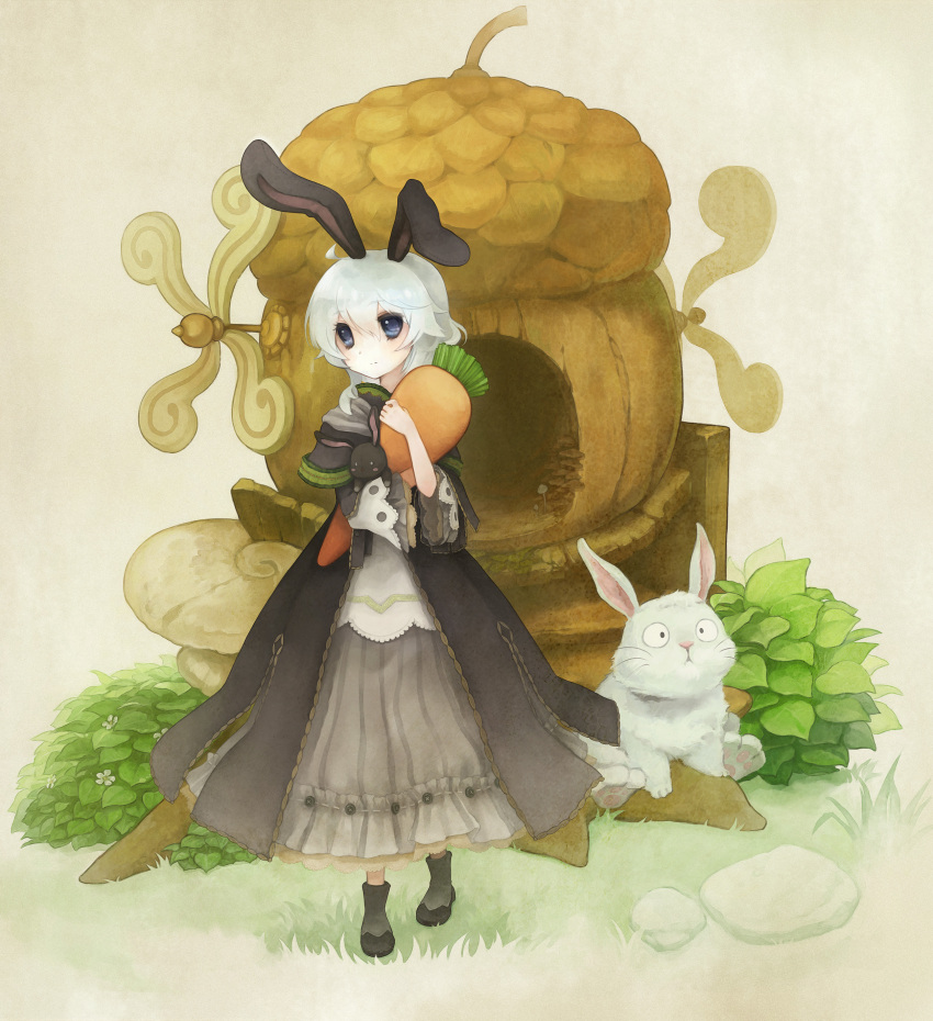 absurdres acorn animal_ears bad_id bad_pixiv_id blue_eyes boots buttons carrot dress female grass hebino_(snake_nest) highres hugging_doll hugging_object petticoat photoshop_(medium) plant purple_eyes rabbit rabbit_ears short_hair solo standing stuffed_animal stuffed_rabbit stuffed_toy themed_object trickster_(ntreev_soft) windmill