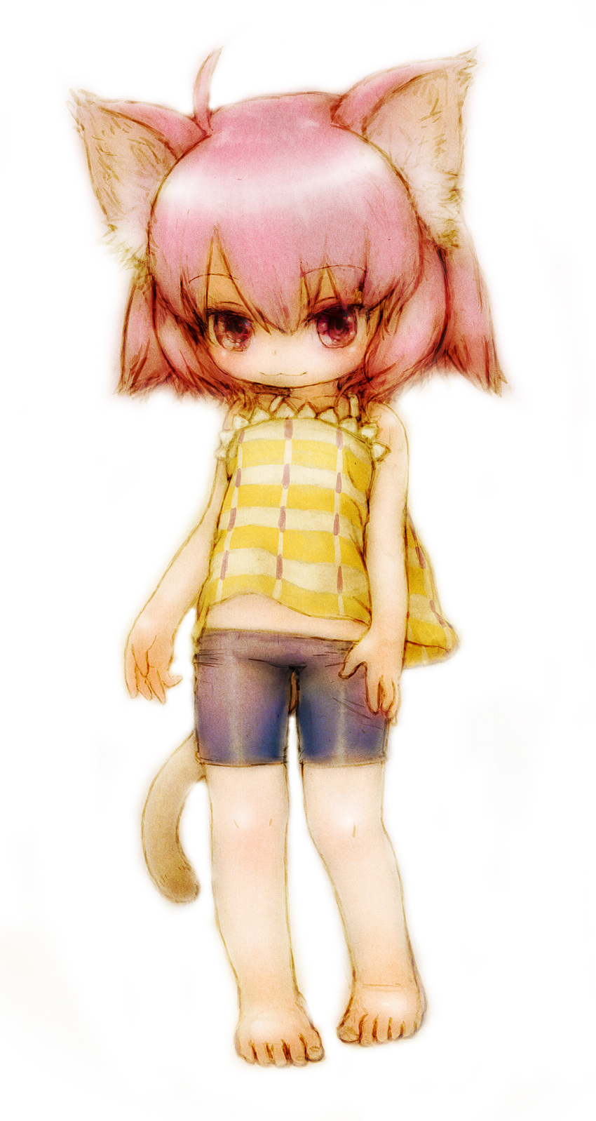 animal_ears barefoot bike_shorts borrowed_character cat_ears commentary_request eroneko-san feet female feral_lemma highres original photoshop_(medium) purple_eyes purple_hair short_hair shorts smile solo tail