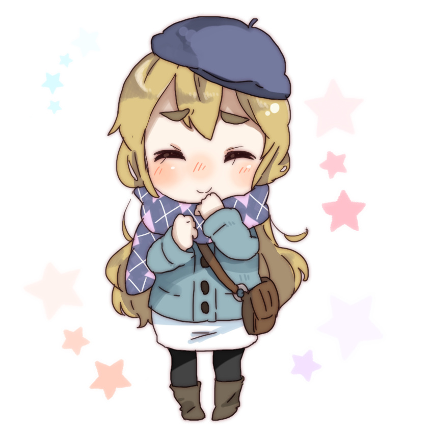 argyle_clothes argyle_scarf bad_id bad_pixiv_id bag beret blonde_hair chibi closed_eyes coat female giggling hat highres k-on! k-on!_movie kotobuki_tsumugi long_hair pantyhose scarf solo sunameri_oishii thick_eyebrows winter_clothes winter_coat