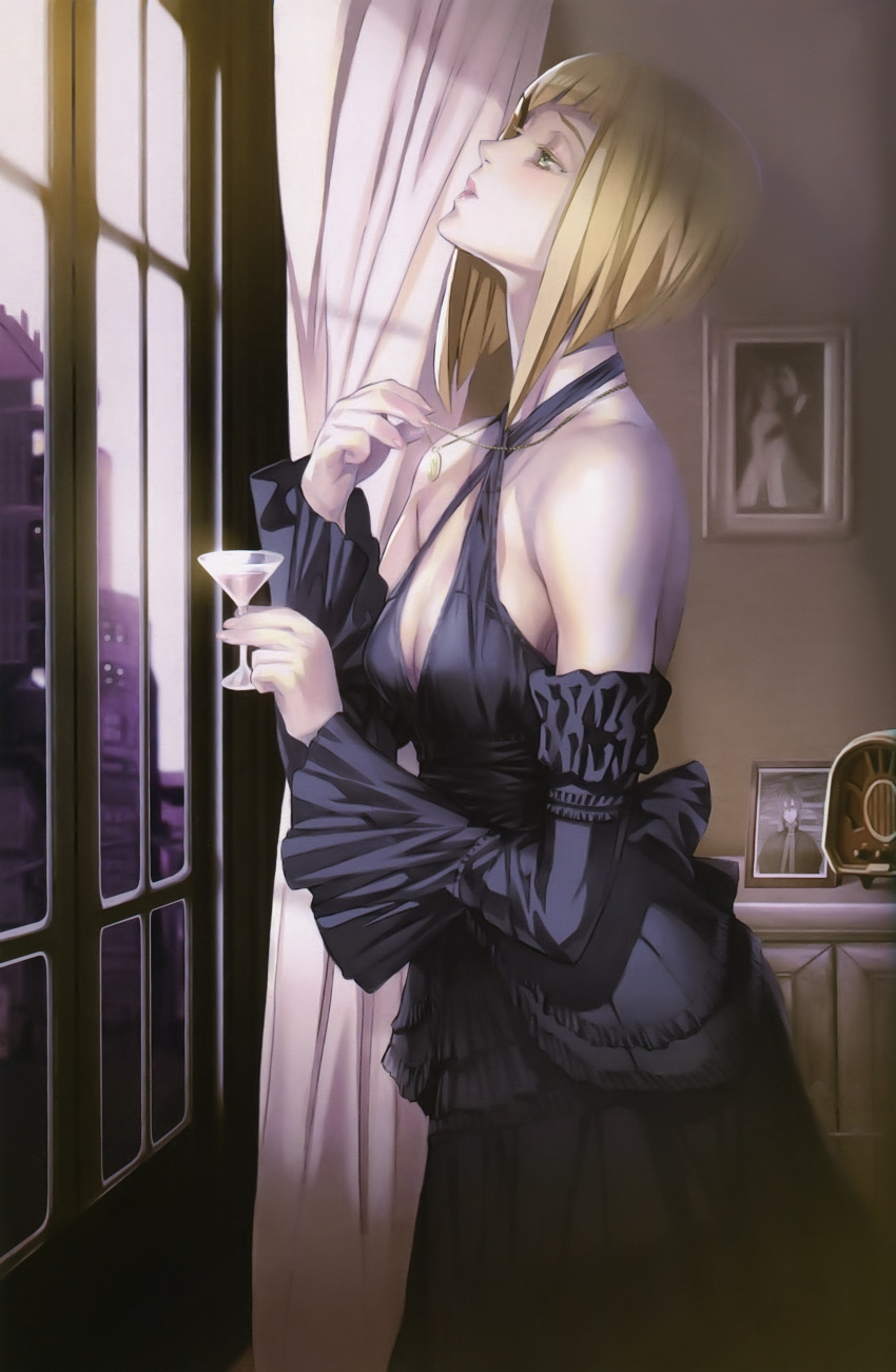 absurdres bare_shoulders blonde_hair bob_cut criss-cross_halter cup detached_sleeves dress drinking_glass female formal green_eyes halterneck highres jewelry lips looking_up maeshima_shigeki milepoch_finedel necklace photoshop_(medium) solo tatakau_shisho window wine_glass