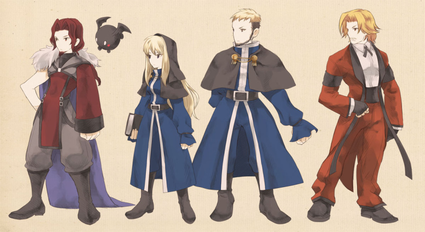 3boys blonde_hair book cape female goeniko goenitz johann king_of_fighters long_hair m.u.g.e.n male mugen_(game) multiple_boys multiple_girls rage_of_the_dragons red_hair rugal_bernstein rule_63 simple_background snk