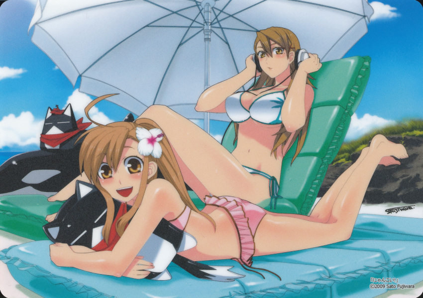 2girls =_= ahoge back barefoot beach bikini blush breasts brown_eyes brown_hair cleavage cloud crossed_arms feet feline flower frilled_bikini frills fujiwara_sato hair_flower hair_ornament headphones highres hug inflatable_raft large_breasts legs long_hair lying mizuno_kaede multiple_girls nyan_koi nyan_koi! on_stomach outdoors ponytail scan scarf side-tie_bikini signature sitting sky smile sumiyoshi_kanako swimsuit umbrella underboob untied whale