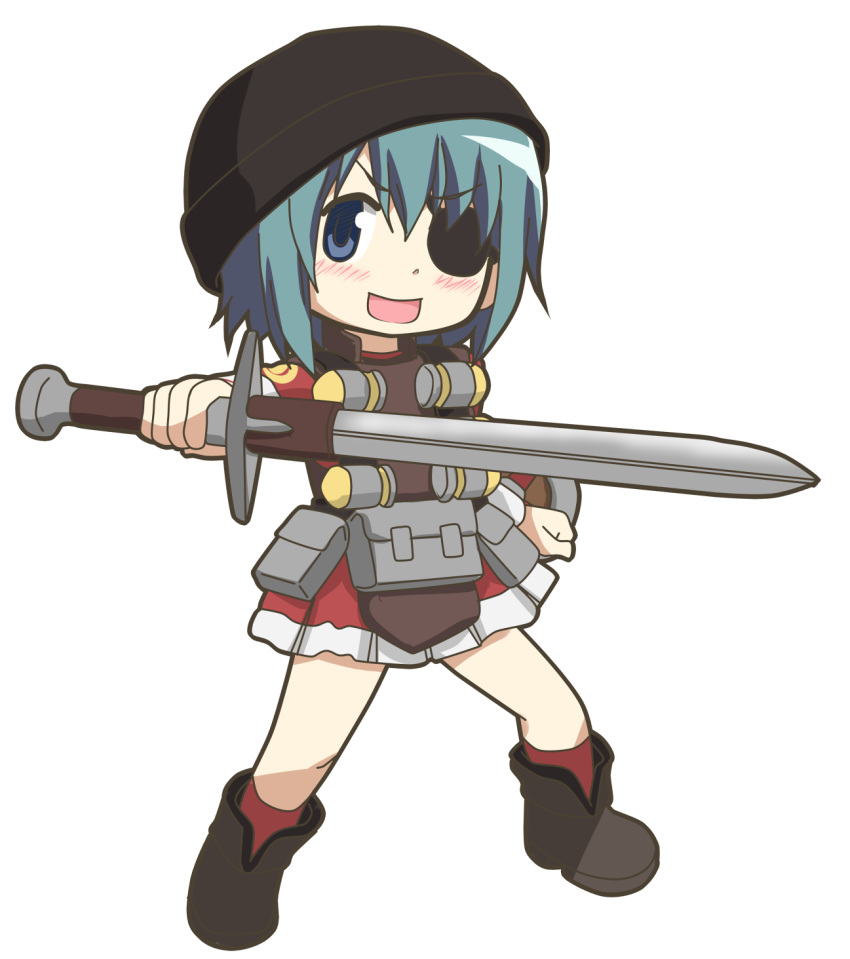 blue_eyes blue_hair blush boots cosplay demoman_(tf2) demoman_(tf2)_(cosplay) explosive eyelander eyepatch female full_body grenade hangaku hat highres holding holding_sword holding_weapon mahou_shoujo_madoka_magica mahou_shoujo_madoka_magica_(anime) miki_sayaka red_demoman_(tf2) red_demoman_(tf2)_(cosplay) short_hair smile solo sword team_fortress_2 transparent_background weapon