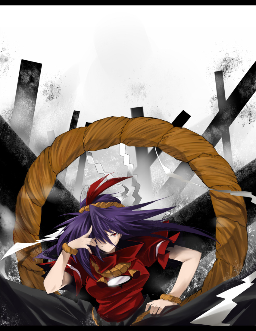 commentary_request female hair_ornament hand_in_own_hair highres kasu_kazu letterboxed mirror pillar purple_hair red_eyes rope shimenawa shirt sitting skirt smirk solo touhou wristband yasaka_kanako