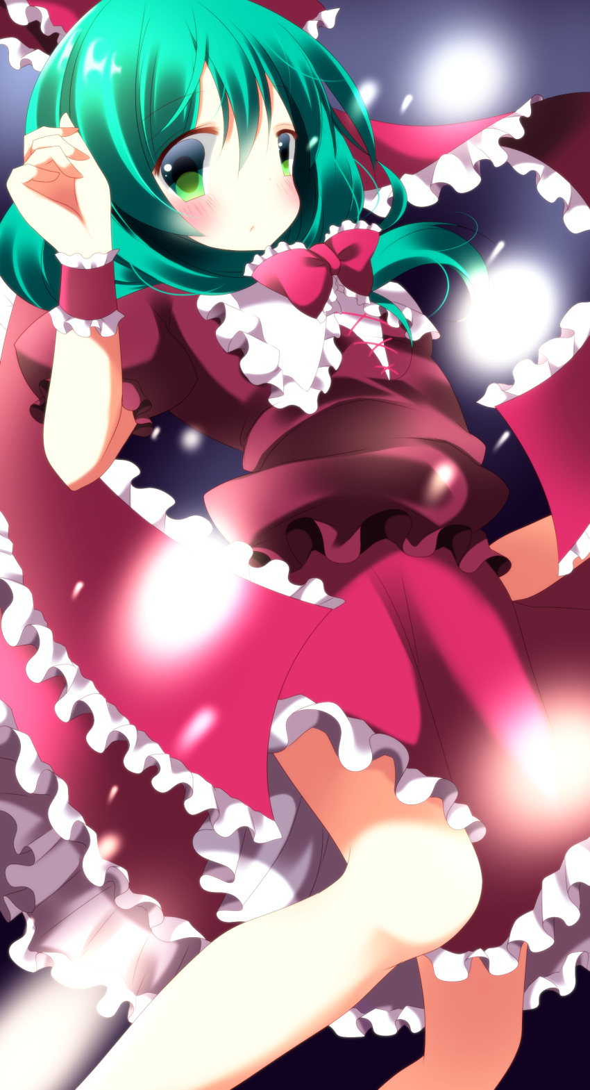 absurdres bad_id bad_pixiv_id blush bow dress female frills front_ponytail green_eyes green_hair hairbow highres kagiyama_hina ribbon solo stigma1101 touhou